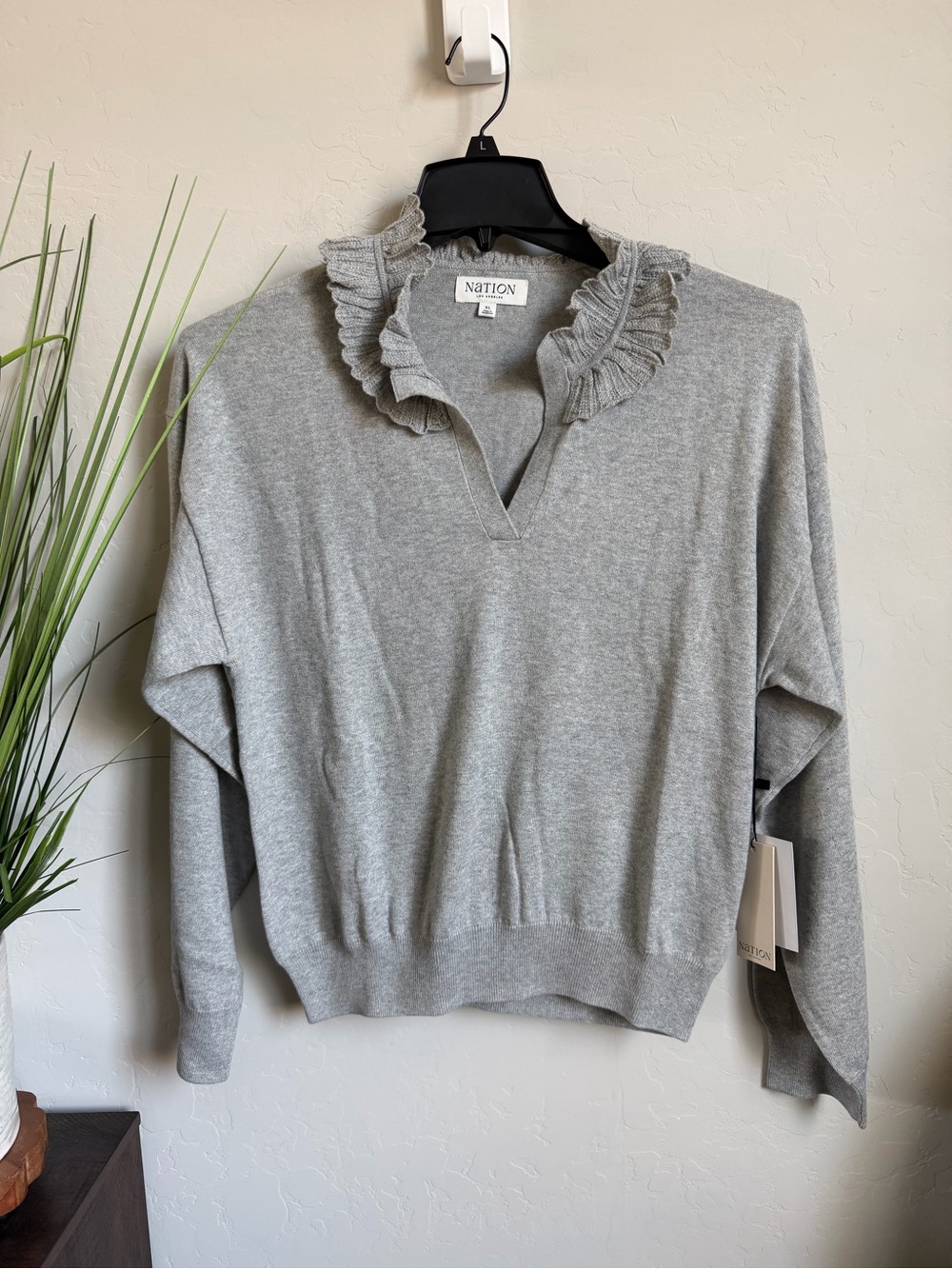 Nation LTD Winona Sweater Heather Gray Cashmere Blend Ruffle Collar NWT XL